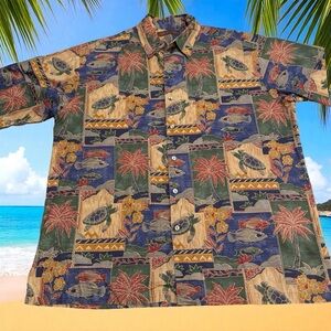 TORI RICHARD Mens Shirt Sz L Cotton Lawn Hawaiian Aloha Honu Fish Coconut Trees